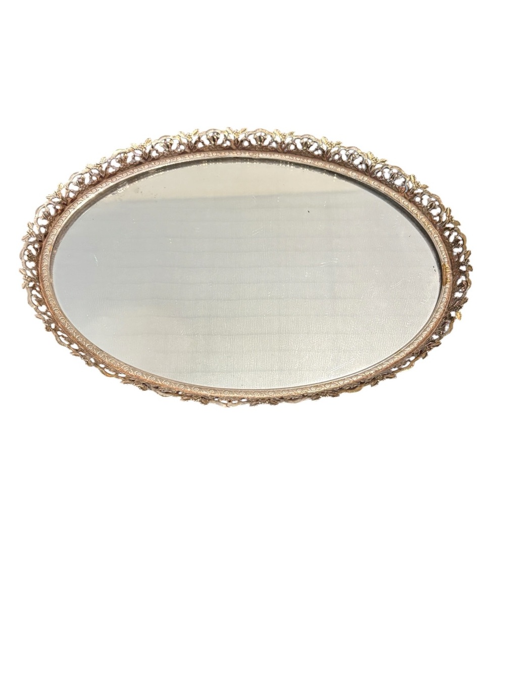 Vintage Gold Filigree Mirrored Vanity Tray Oval Floral Ornate Hollywood Regency